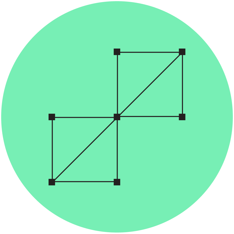 Minimalist graphic featuring two outlined squares connected by a diagonal line on a circular mint green background. Each corner of the squares is marked with a small black node, emphasizing geometric precision. The composition suggests structure, connection, and abstract design elements. The overall style is clean, modern, and flat with a limited color palette.