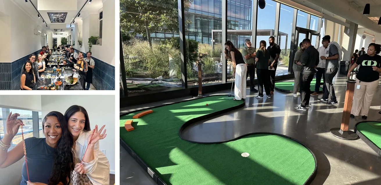 Three-photo collage showing colleagues playing indoor mini golf, dining together at a restaurant, and two women smiling while holding red cords.