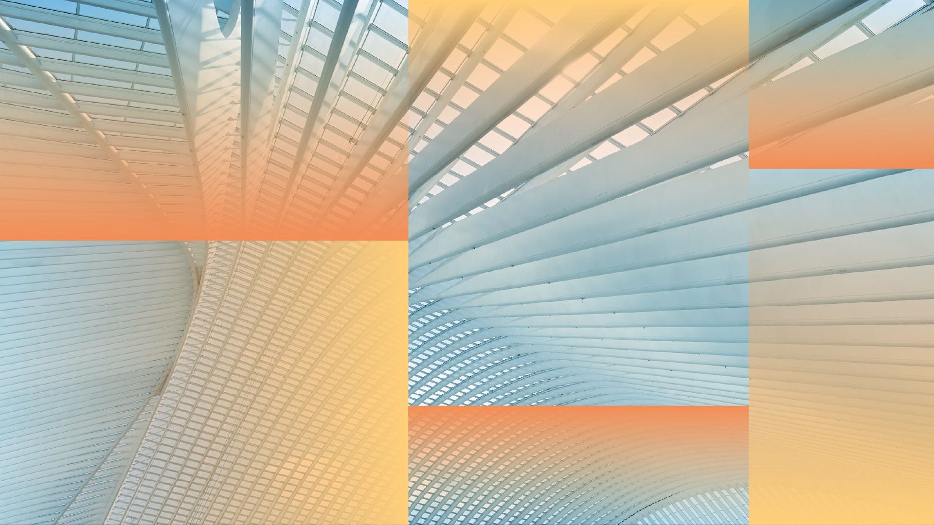Abstract architectural image showing a glass-and-steel ceiling with repeating curved beams, overlaid with translucent orange and yellow gradient blocks.