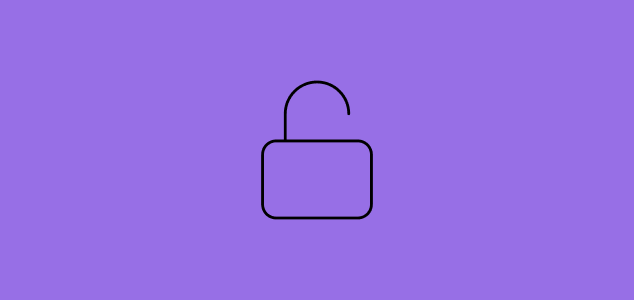 Line icon of an open padlock on a purple background representing access, privacy, security, or controlled permissions.